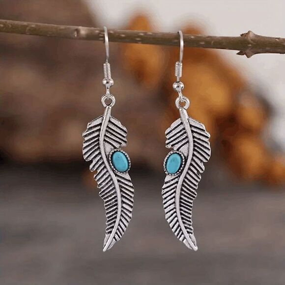 Western Silver Turquoise Feather Dangle Earrings - Picture 1 of 4